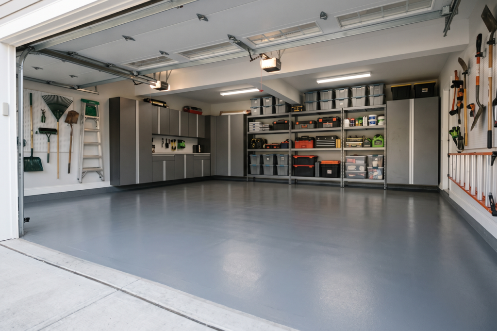Clean, finished epoxy garage floor with a smooth gray coating and organized storage visible in the background