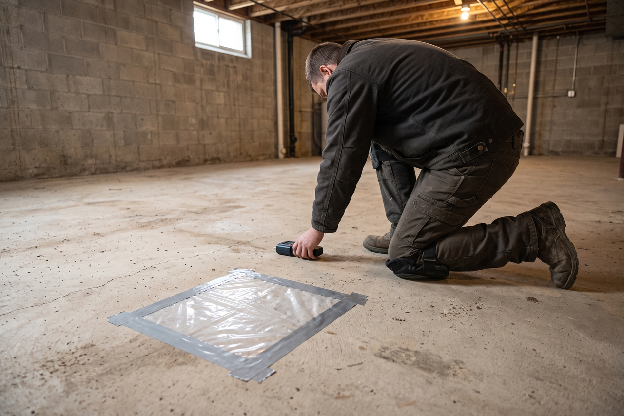 Flooring professional examining a basement concrete floor for cracks, moisture indicators, and surface condition