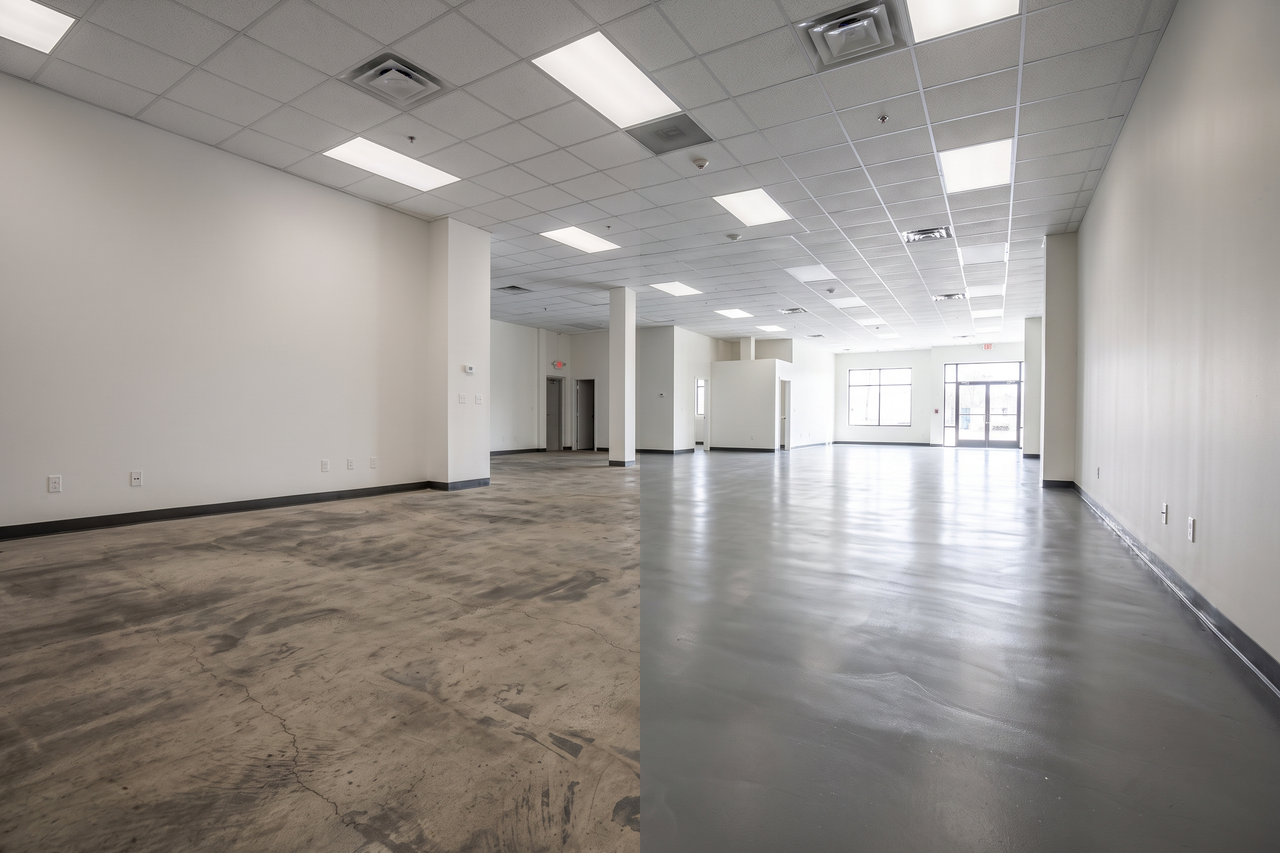 Illustrative before-and-after example of a commercial epoxy floor, from worn and stained concrete to a clean and sealed working surface