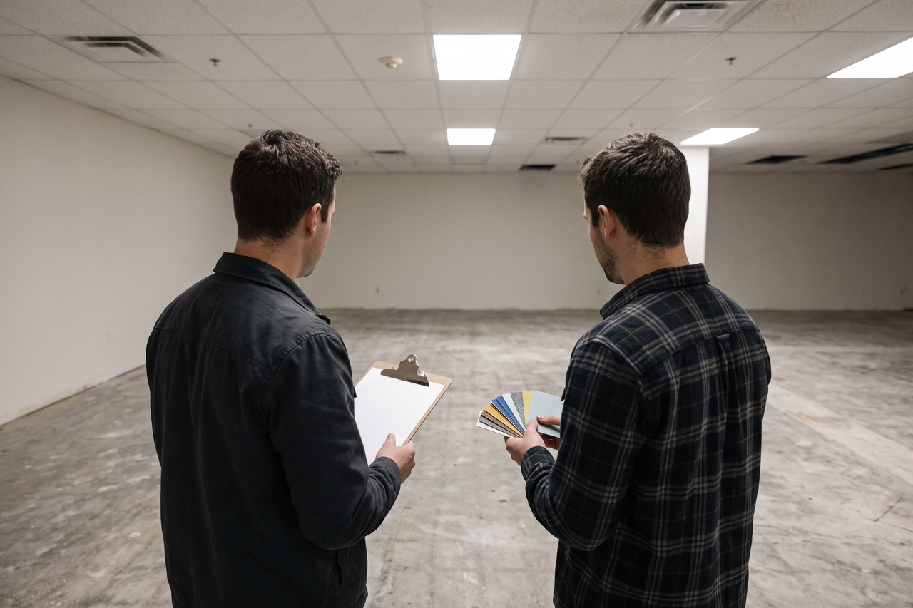 Business owner and flooring professional reviewing a commercial floor coating plan and product options