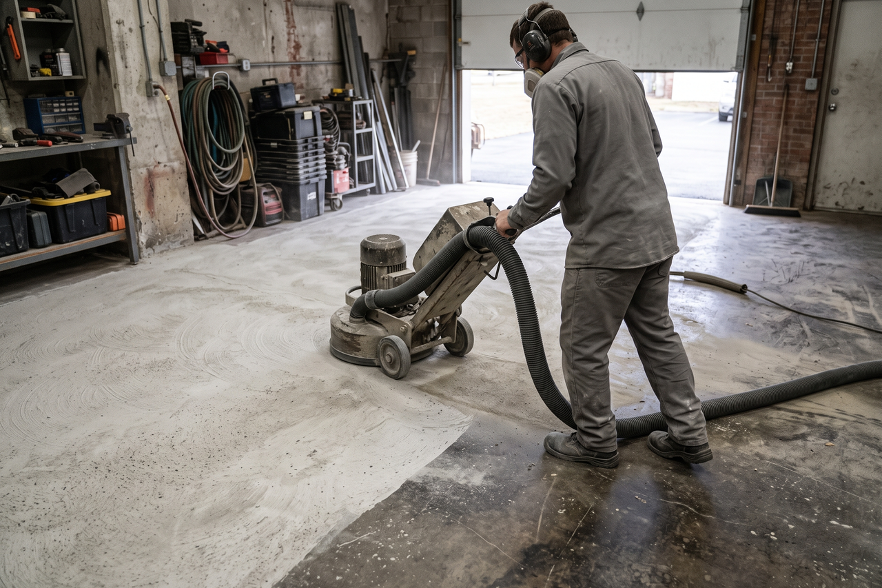 Contractor grinding a concrete garage floor to prepare the surface for an epoxy coating