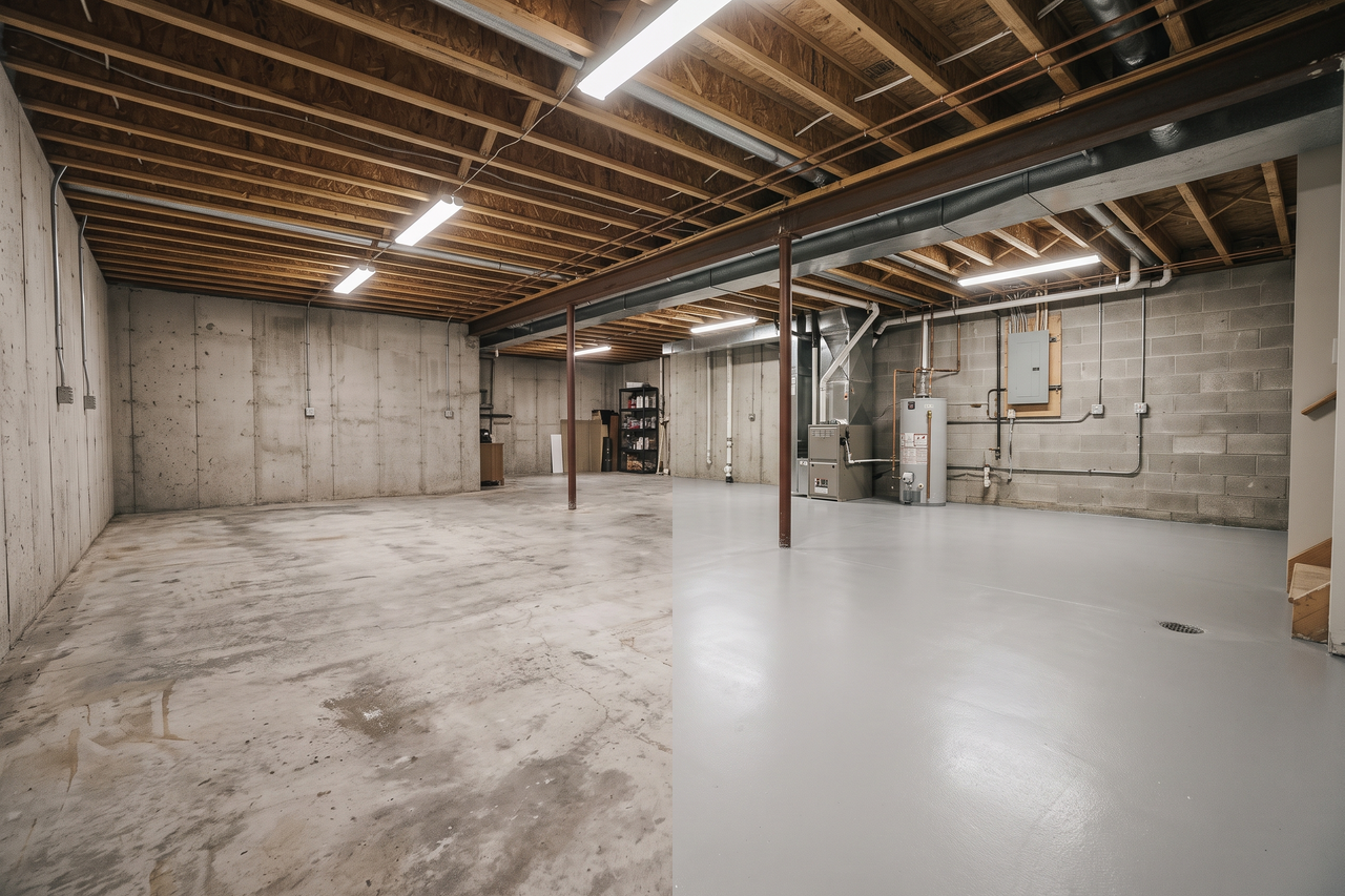 Illustrative before-and-after example of an epoxy basement floor, showing the change from bare concrete to a sealed, light-reflecting surface
