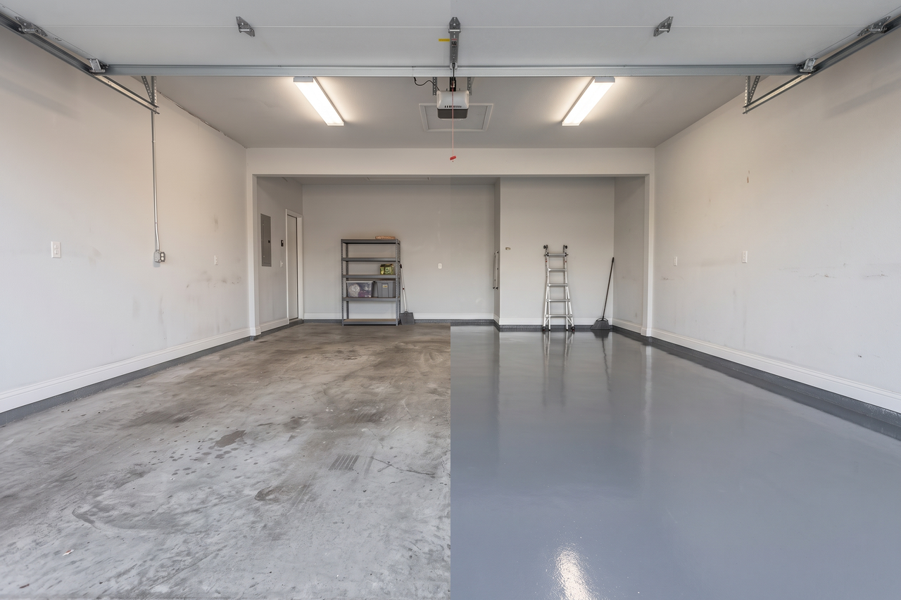 Illustrative before-and-after example of a concrete garage floor transformed with a gray epoxy coating