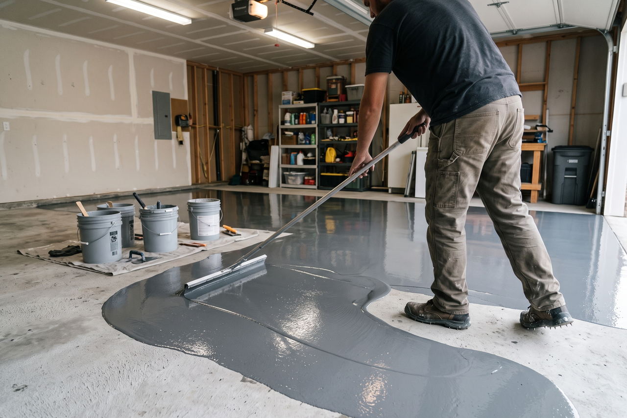 Professional applying an epoxy coating to a prepared concrete floor in a residential garage