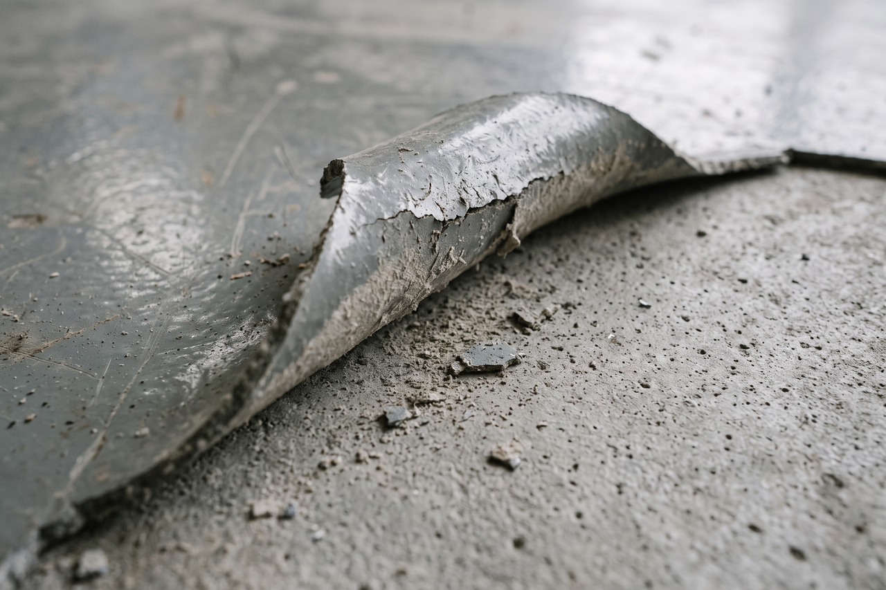 Close-up of a peeling epoxy floor coating pulling away from a concrete slab