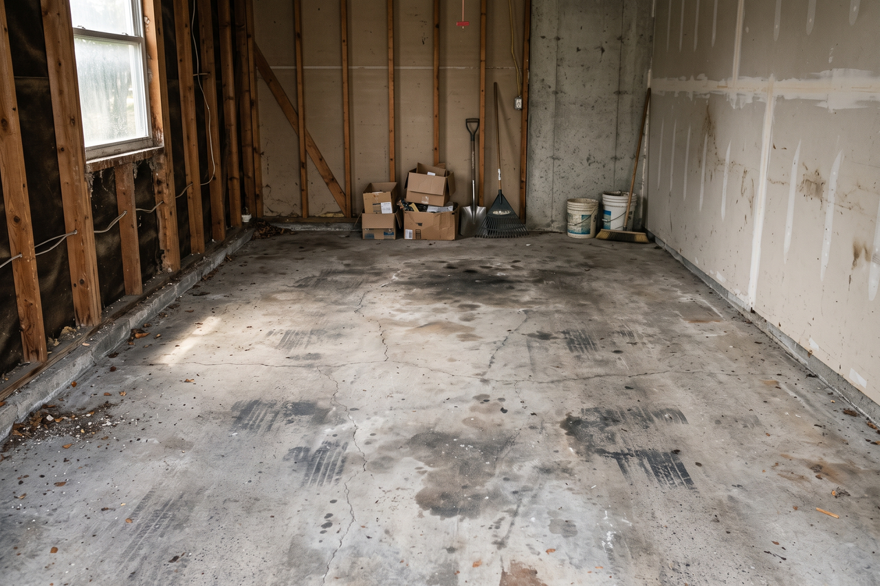Unfinished concrete garage floor showing staining and surface wear
