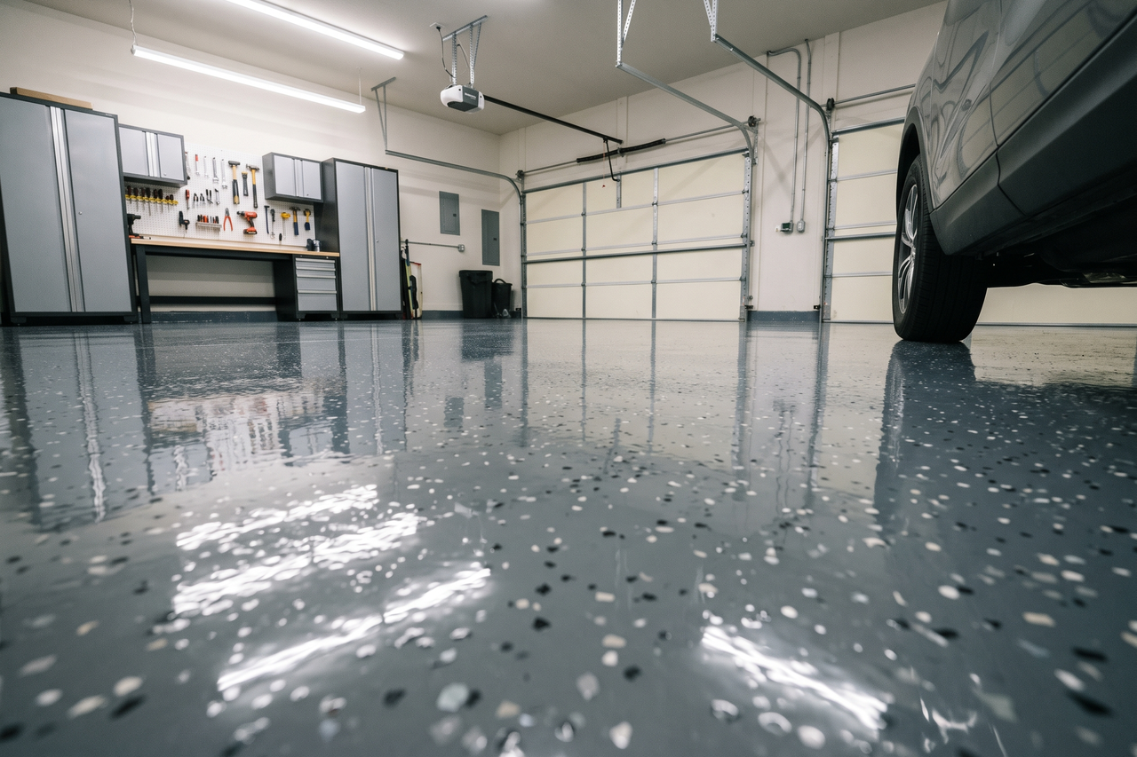 Finished garage floor with a seamless, reflective coating in excellent condition after regular use