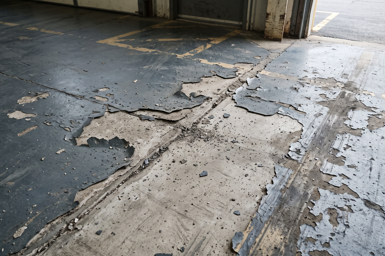 Chipped and delaminating epoxy coating on a commercial concrete floor