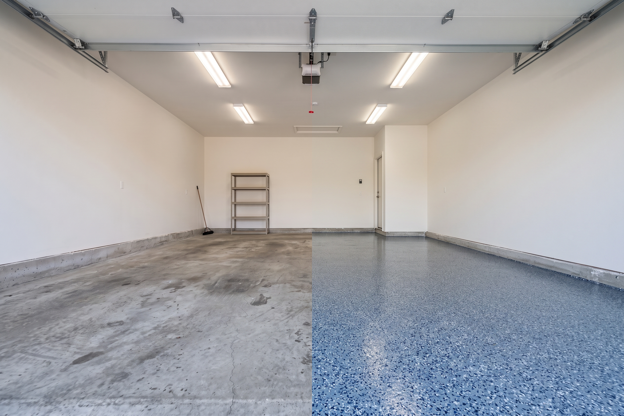 Illustrative before-and-after example of a garage floor coating transformation, from bare stained concrete to a smooth sealed surface