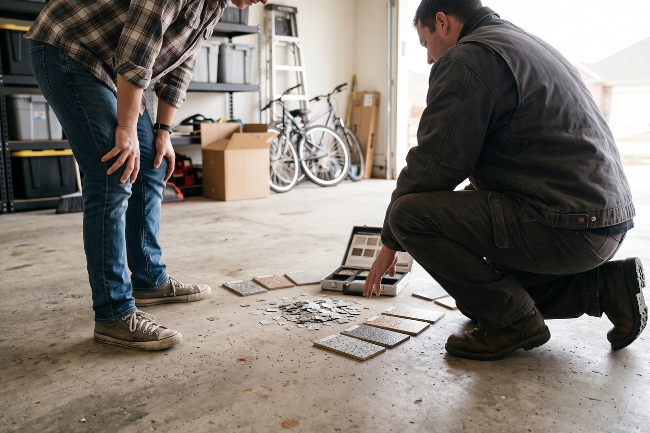 Homeowner and flooring professional reviewing garage floor coating options and finish samples