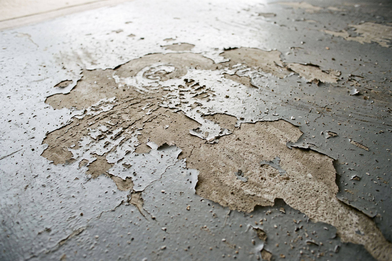 Peeling and flaking DIY garage floor coating lifting off the concrete surface