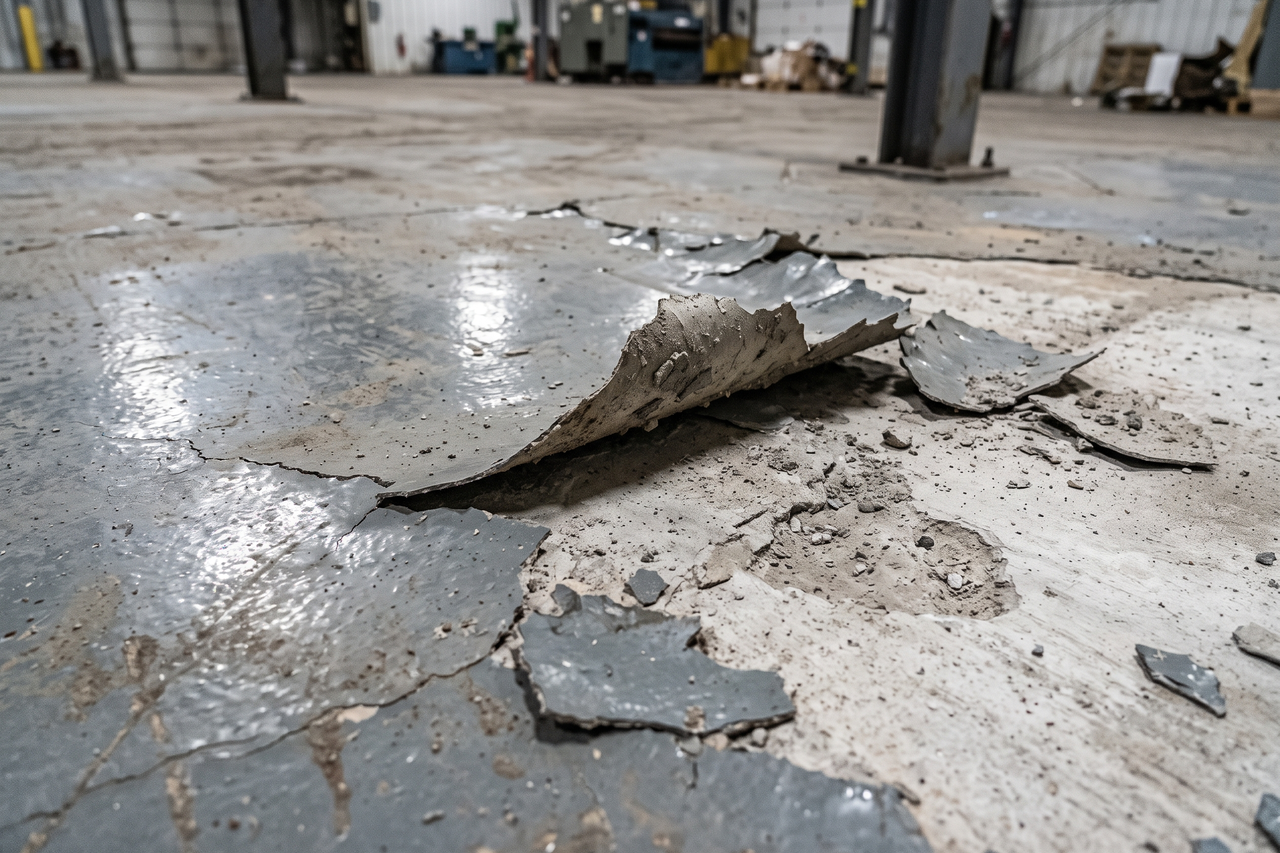 Peeling and delaminating epoxy coating on an industrial warehouse floor with substrate damage visible
