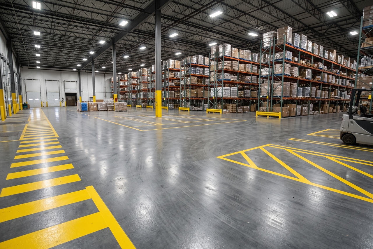 Industrial warehouse floor with painted safety markings and yellow-striped equipment staging zones