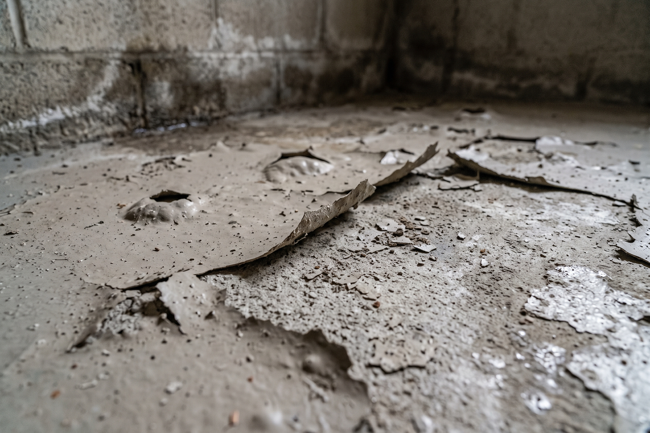Bubbling and peeling coating lifting off a concrete basement floor surface