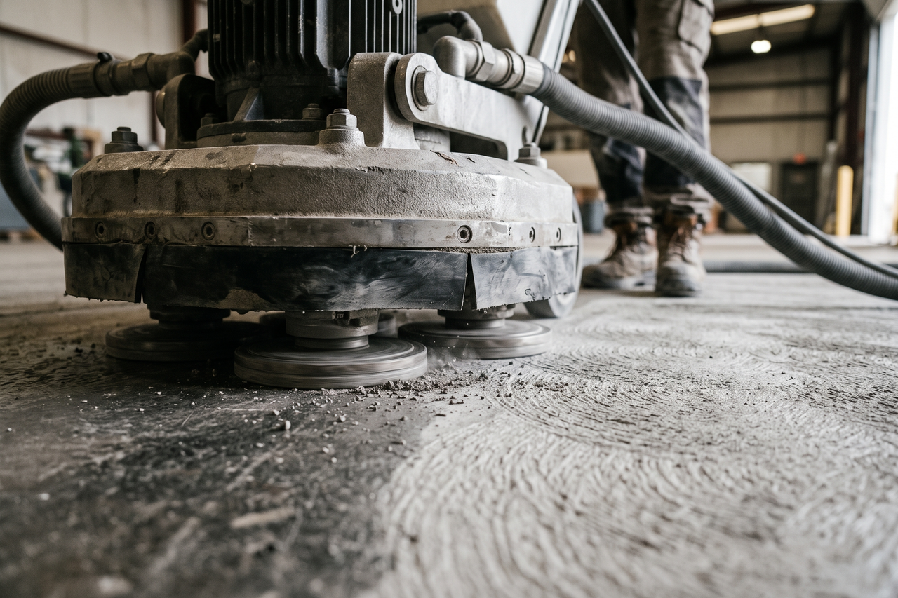 Concrete floor being ground and prepared with surface profiling equipment ahead of a polyaspartic coating application