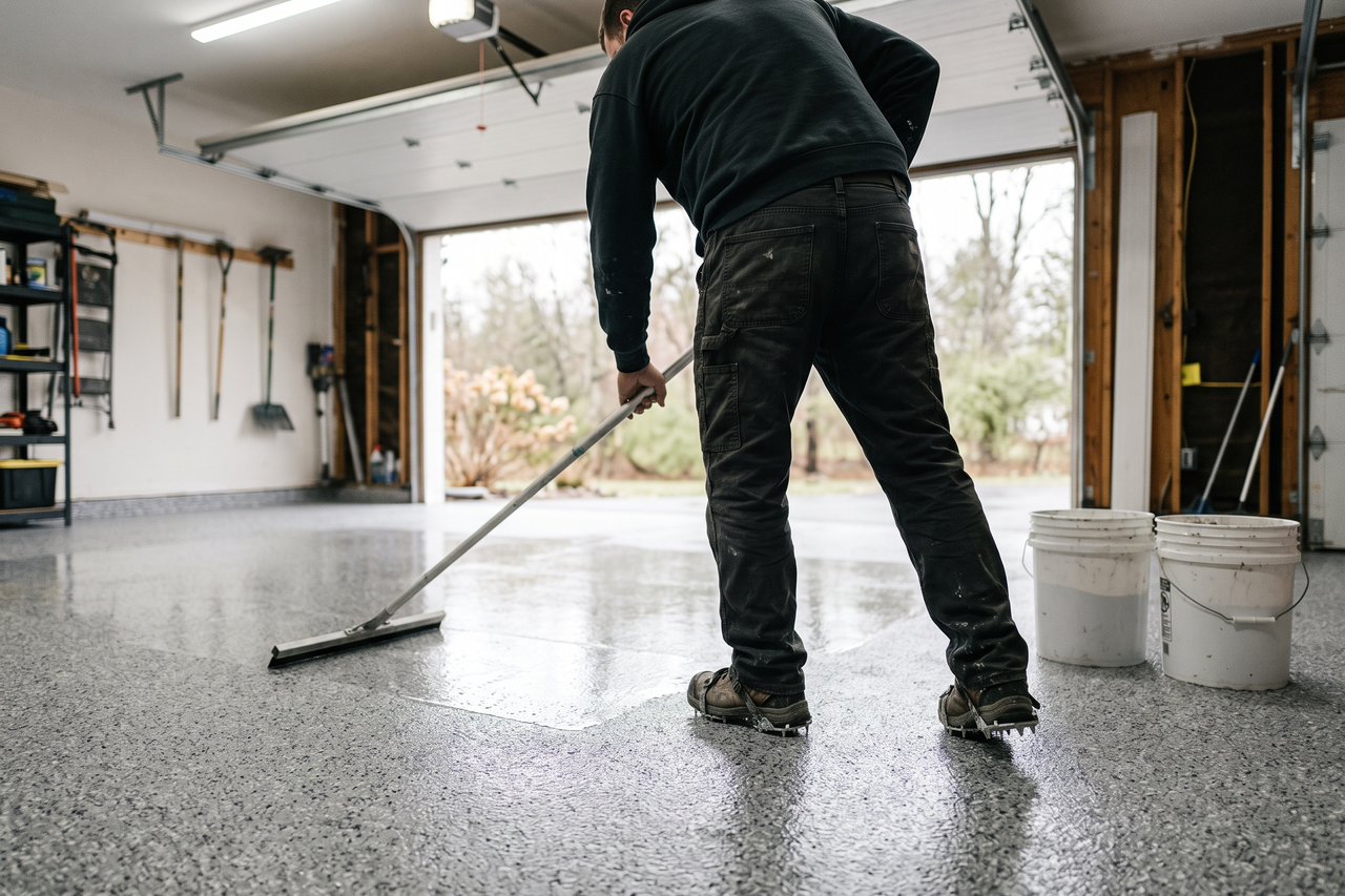Contractor applying a polyaspartic floor coating to a prepared concrete surface in a residential garage
