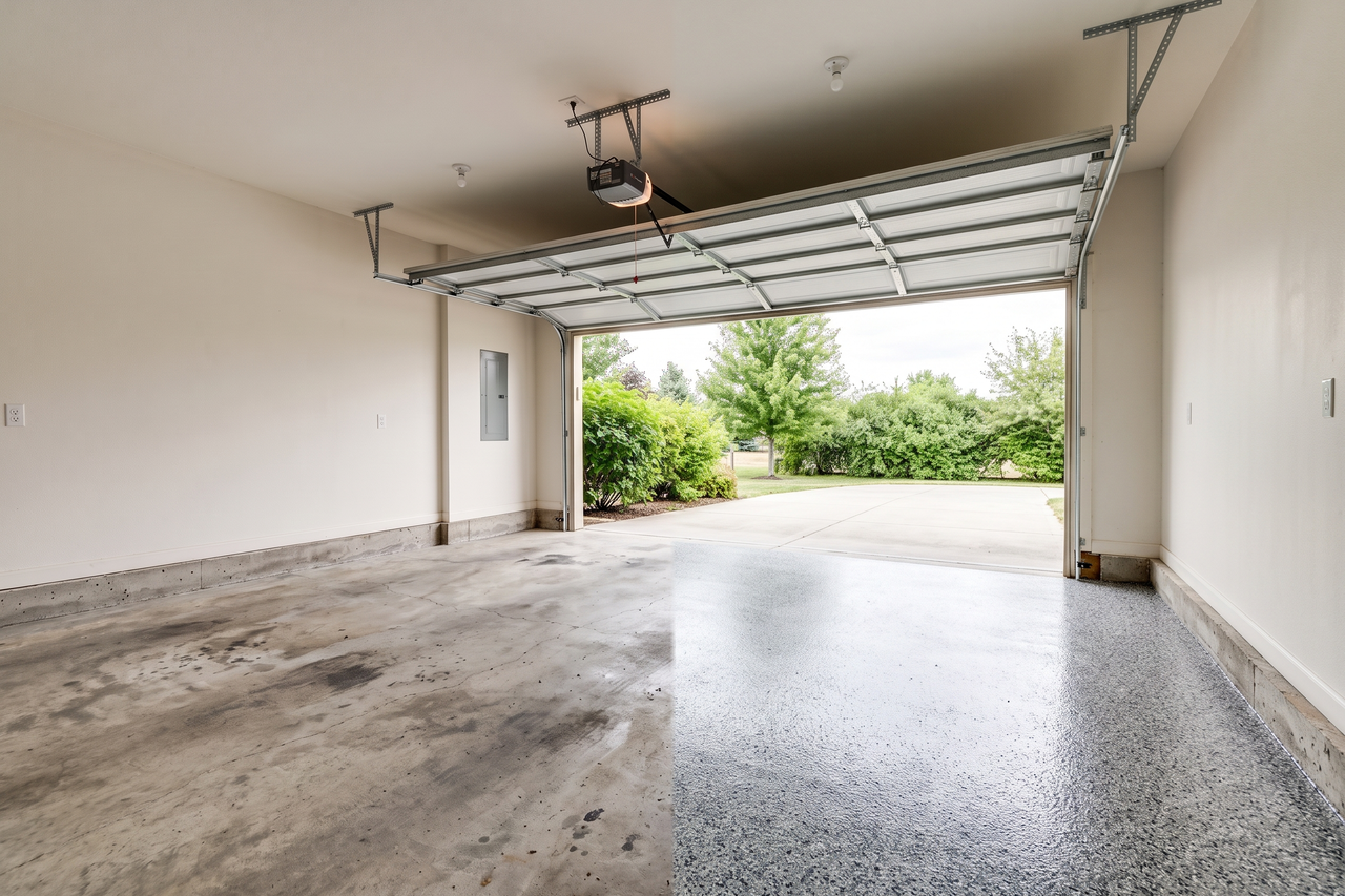 Illustrative before-and-after example of a garage concrete floor before coating and after a polyaspartic system was applied