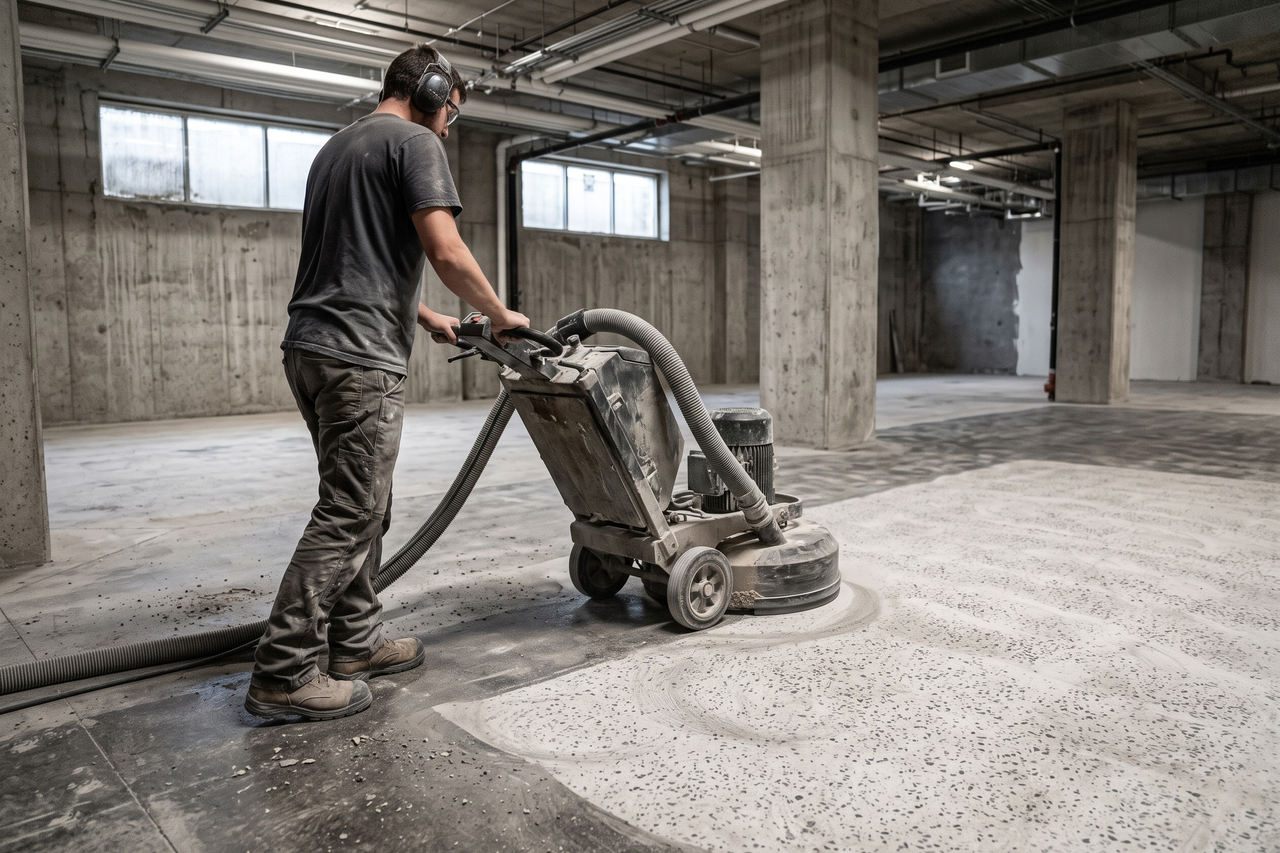 Installer operating a floor grinder on a concrete slab in preparation for an epoxy coating