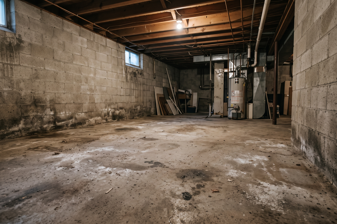 Bare, unfinished concrete basement floor with visible staining and a rough, dusty surface