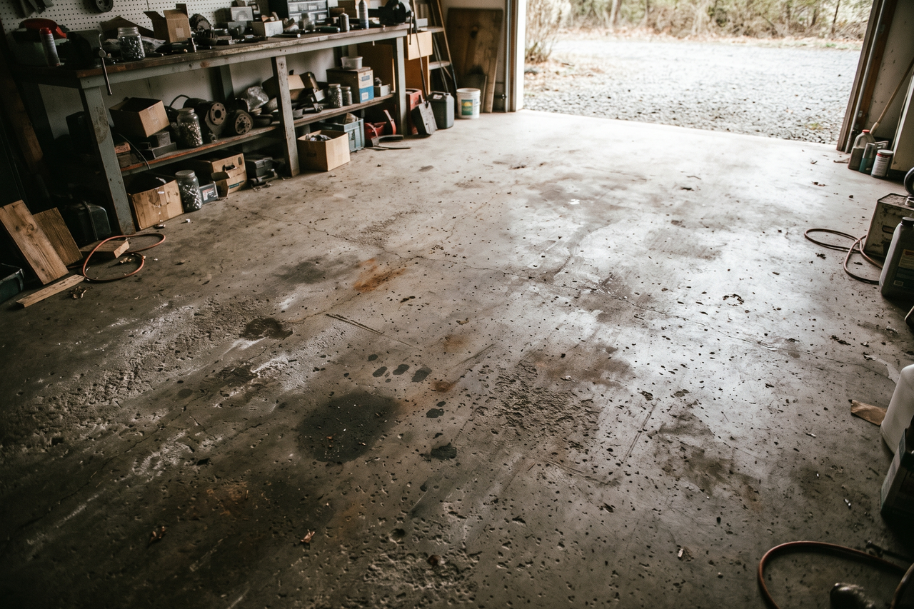 Stained, oil-marked concrete garage floor with worn patches and a rough surface finish