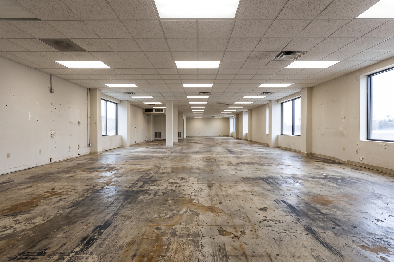 Worn, stained concrete floor in a commercial space showing scuff marks and surface deterioration