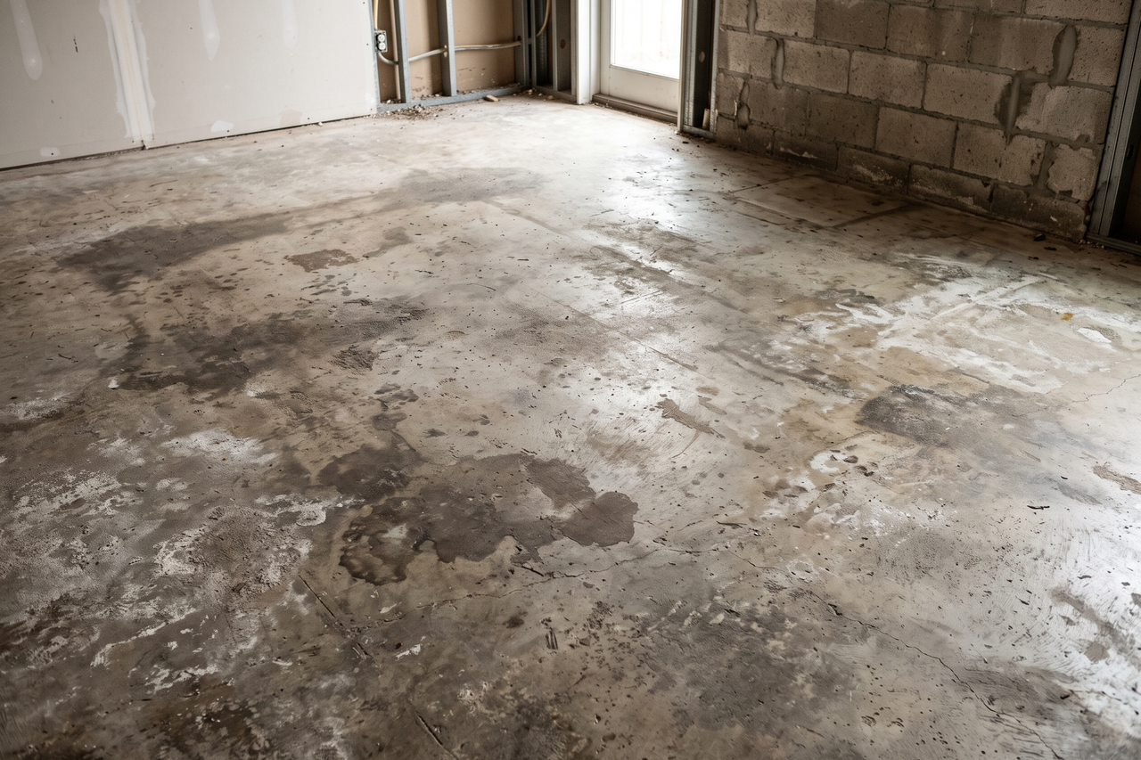 Bare, stained concrete floor with discoloration and surface wear in an unfinished interior space