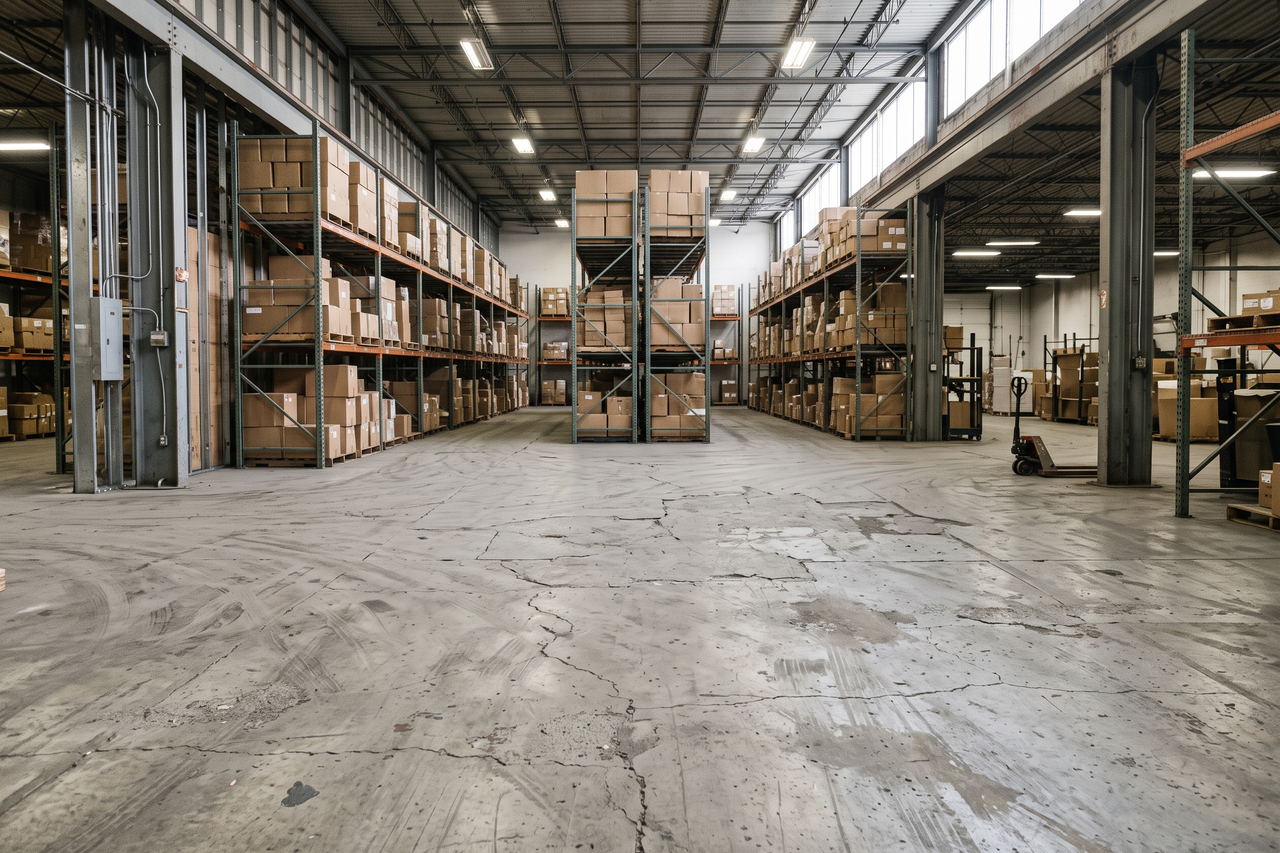 Deteriorating bare concrete floor in a warehouse showing cracking, surface wear, and dust accumulation